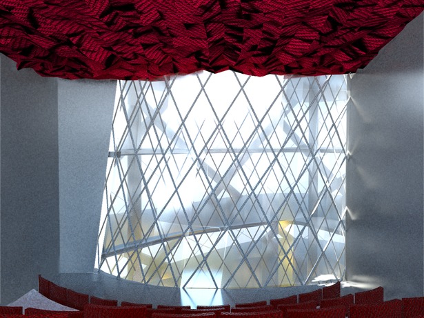 Screening Room with Kangaroo derived fabric ceiling and inner mesh atrium visible with screen up