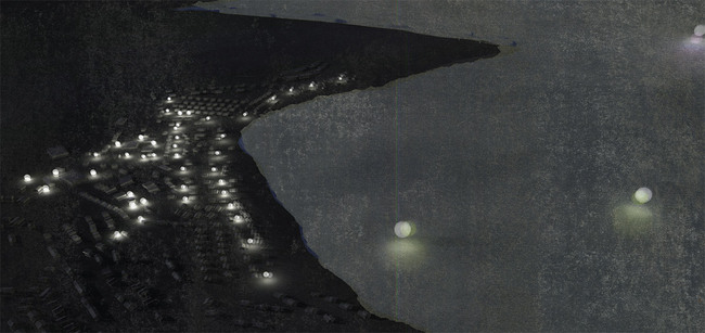 View of Igloolik at night, illuminated on land and water by a distributed series of buoyant lights.