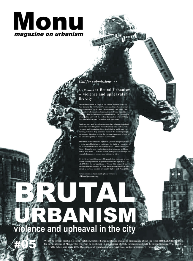 Godzilla versus the City in the call for submissions for MONU #05 Brutal Urbanism: Violence and Upheaval in the City. Poster © MONU