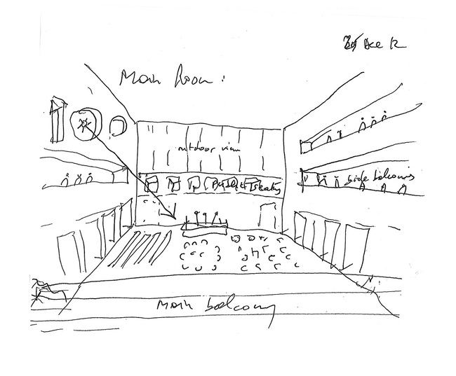 Bernard Tschumi Architects, ANIMA Cultural Center in Grottammare, Italy. The main room (sketch by Bernard Tschumi).