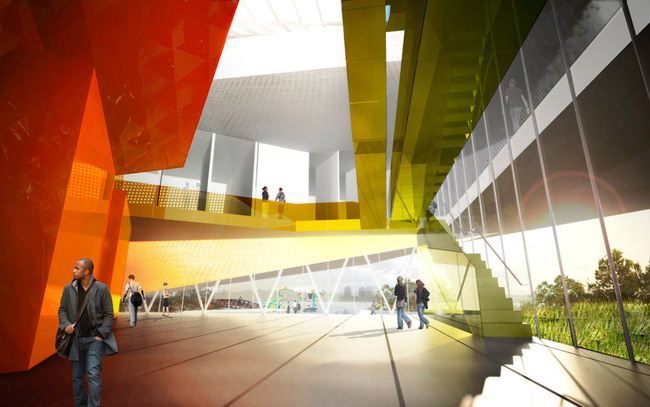 Finalist entry by Saucier + Perrotte, Architectes in the Verdun Cultural Center competition: entrance hall perspective (Image: Saucier + Perrotte, Architectes)
