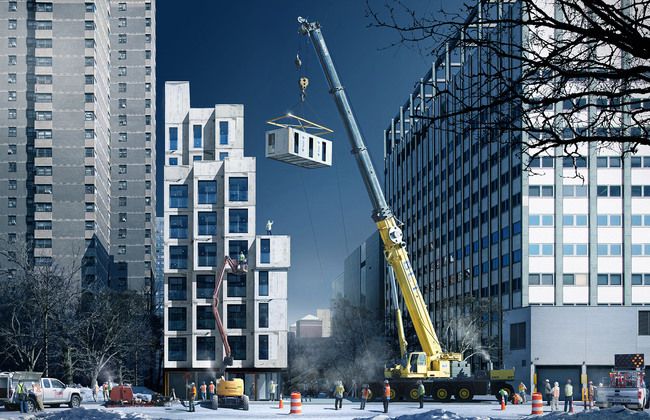 Rendering of the winning entry ‘My Micro NY’ by Monadnock Development LLC, Actors Fund Housing Development Corporation, and nARCHITECTS (Courtesy NYC Mayor's Office)