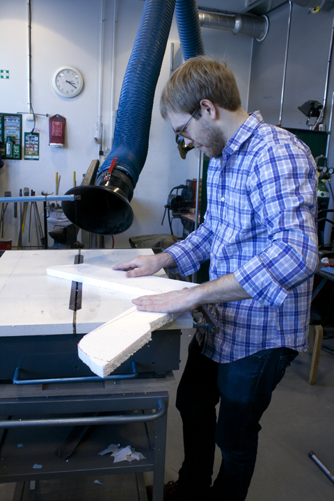 4. Alexander Morley using the wirecutter to cut sections into the 25mm foam