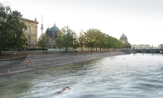 Global Holcim Awards Bronze 2012: Urban renewal and swimming-pool precinct, Berlin, Germany by Tim & Jan Edler, realities united, Germany in collaboration with Denise Dih, DODK, Germany, Heiko Sieker, Ingenieurgesellschaft Prof. Dr. Sieker, Germany, Anna Lundquist, Christian Bohne, Man Made Land, Germany: View of pool area towards Dom, Lustgarten and Castle. (Image © Holcim Foundation)