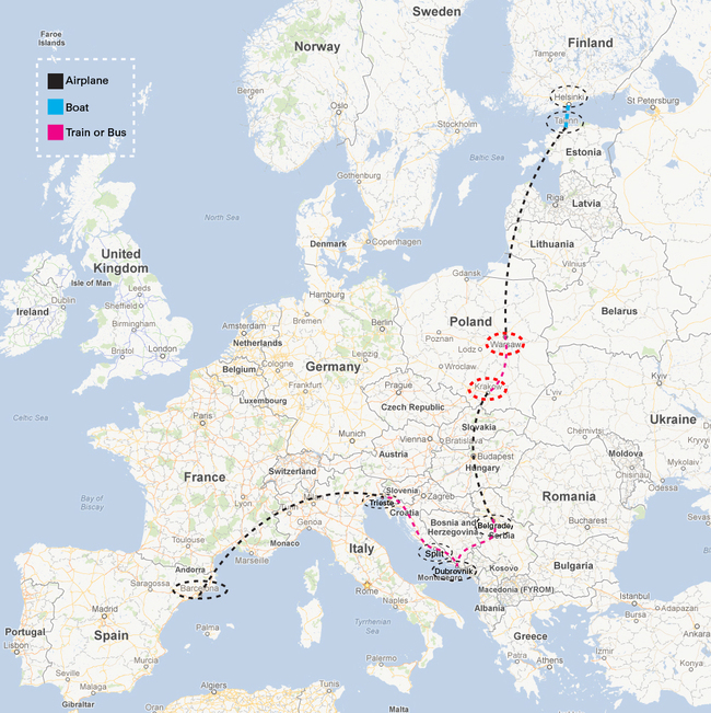 Route of Eastern Europe backpacking. Map by Jennifer Wong.