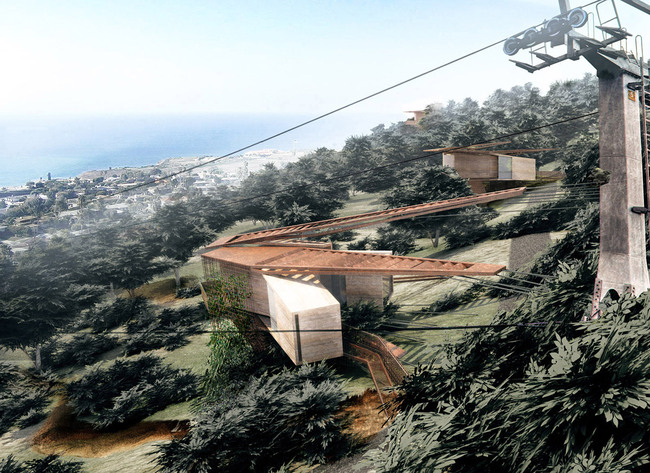 Hillside perspective of landslide mitigation housing units.