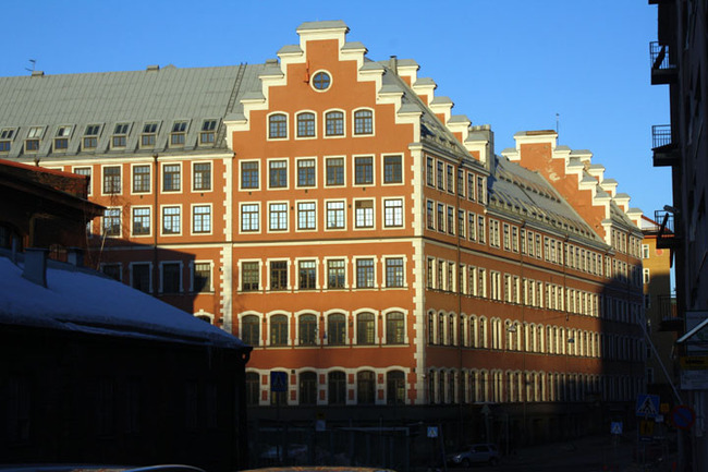 Evening light on building.
