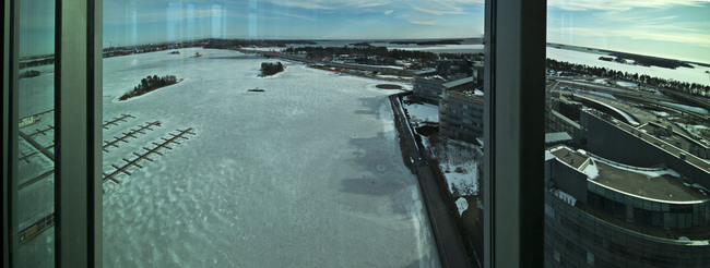 Panorama of Espoo from Kone Headquarters, note the frozen inner harbor and the open sea beyond.