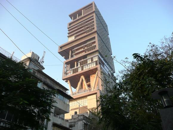 Skyscraper for one: billionaire Mukesh Ambani's 27-storey home 'Antilia' towers over adjacent apartment buildings in Altamount Road, South Mumbai. Photo: Kerwin Datu