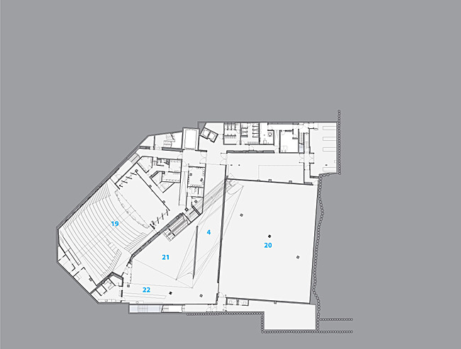 PL-1: 26 glass connector, 27 lobby, 28 gallery, 29 gallery, 30 gallery, 31 conference room, 32 restaurant, 33 restaurant terrace, 34 sculpture garden, 35 library stacks, 36 classroom, 37 library offices