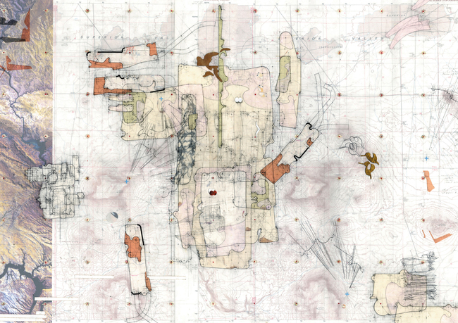 ‘Fast Twitch’, Desert House Site Plan v.01 Drawing made: 2004 Drawing size: 24” x 36” Materials: Mylar, graphite, tape, found imagery. transfer letters + transfer film, cut paper. © Perry Kulper