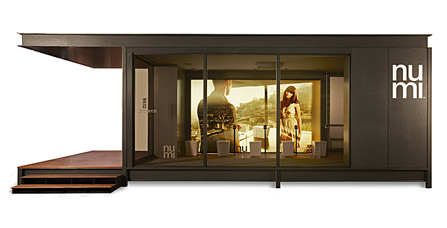 Architects Marmol Radziner Prefab created a pop-up showroom to debut Kohler numi at tradeshows. Pictured is an exterior shot.