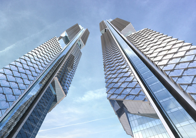Looking up the AS+GG-designed Dancing Dragons Twin Towers for the new Yongsan International Business District in Seoul, South Korea (Image: Adrian Smith + Gordon Gill Architecture)