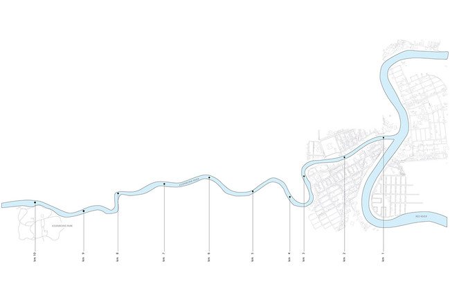 Site plan of the 2012 Warming Huts competition along Winnipeg's Assiniboine River (Image: KNEstudio)