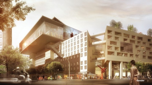 The architecture firm Gensler won accolades last month for designing a radical redo of the Hoover building that would transform the property to feature big box retail, a public plaza, roof garden and recreational soccer field. (Image: Gensler)