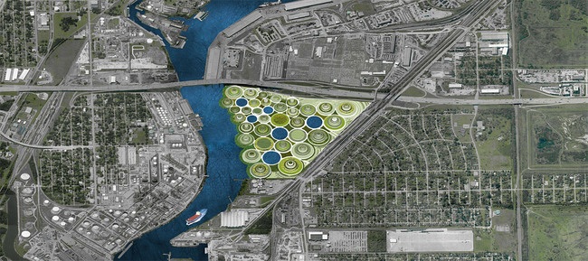 Located just east of the I-610 belt, the site of the proposal fi nds itself at the confl uence of the urban, the suburban, and the industrial. Continually growing towers of remediation make up the new development. Vegetation covers the earthy material held within the lock, a new type of containment in an area already very familiar with petrochemical storage.