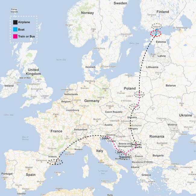 Route of Eastern Europe backpacking. Map by Jennifer Wong.