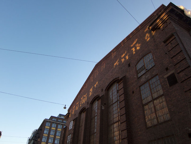 Evening light on building.