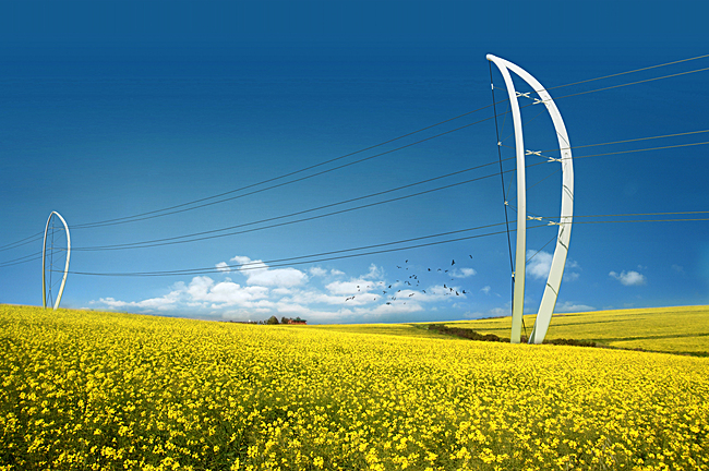 P113 AL_A Pylon Team: AL_A & Arup Plexus creates a poetic dialogue between structure and landscape. Its shape responds to changes in topography, striding across the horizon in sequence with a lightness and grace. Although seemingly filigree in nature, these pylons have been designed for resilience, adapting to different site conditions by expansion and contraction of the arced form. The pylons fluctuate in size and profile, visibly mapping the terrain. 