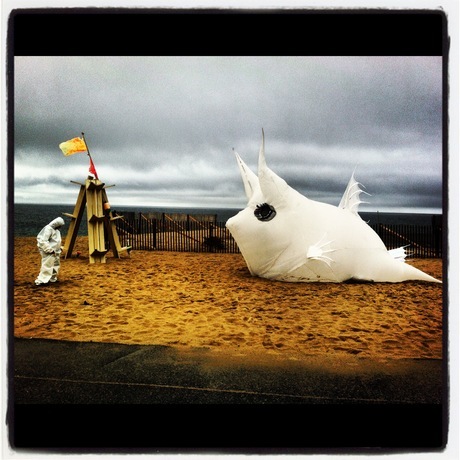 Sparky the Cowfish inflateable had a great day at the beach via Eva Lansberry