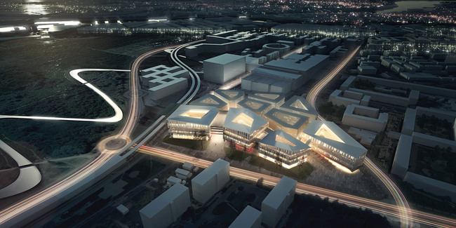 Aerial view of the competition-winning new office building for Nordea Bank in Ørestad North, Copenhagen by Henning Larsen Architects in collaboration with Signal Architects and SLA Landscape Architects (Image: Henning Larsen Architects)