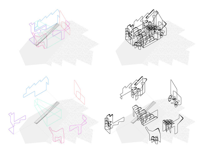 Axonometric showing assembled figural drawings in space