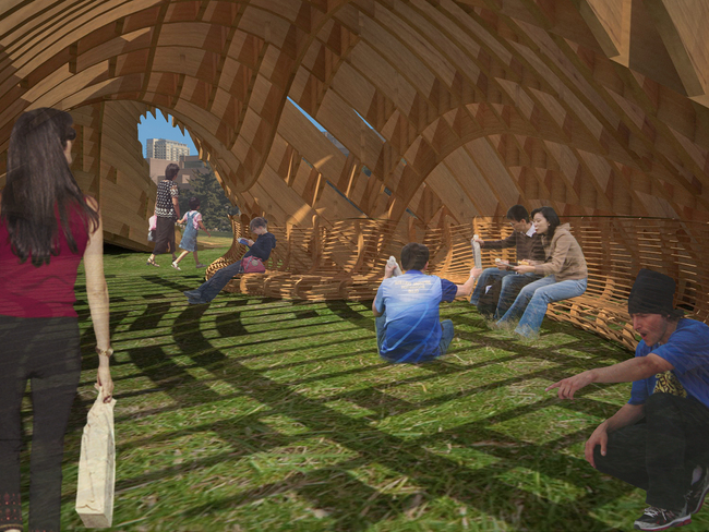 Visitors interact with real-time audio and visual data transmitted from the “smart buoys” in Minneapolis’s lakes. Curvilinear benches emerge from the pavilion’s interior walls, inviting visitors to relax and experience Minneapolis LakeForms.