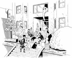Eric Fredericksen hangs on his stoop, drinking beer with Oscar, Elmo, Bert, and Ernie. 