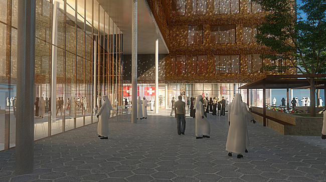 Acknowledgement Prize: Building implementing holistic architectural design, Masdar City, UAE by Bob Gysin + Partner BGP Architekten, Switzerland in collaboration with Dyer, United Kingdom, Hurley Palmer Flatt, United Kingdom, Markus Braach, Switzerland and Milcris, Oman: Main entrance to the Sprinter Building and the café/restaurant from the central plaza.