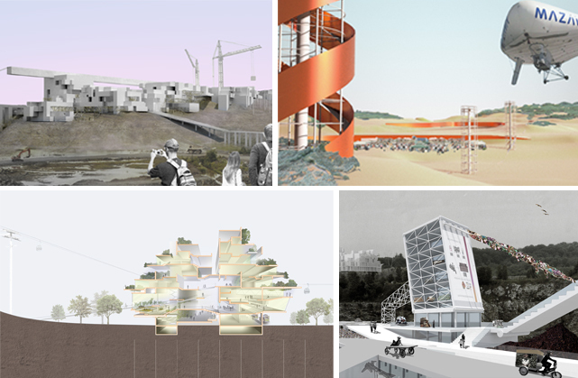 Renderings by Pratt Institute graduate architecture students, clockwise from upper left: Mixed-use business and cultural district by Jeffrey Autore; dynamic landscapes and event spaces, including towers and a solar airplane by Joselia Mendiolea; 