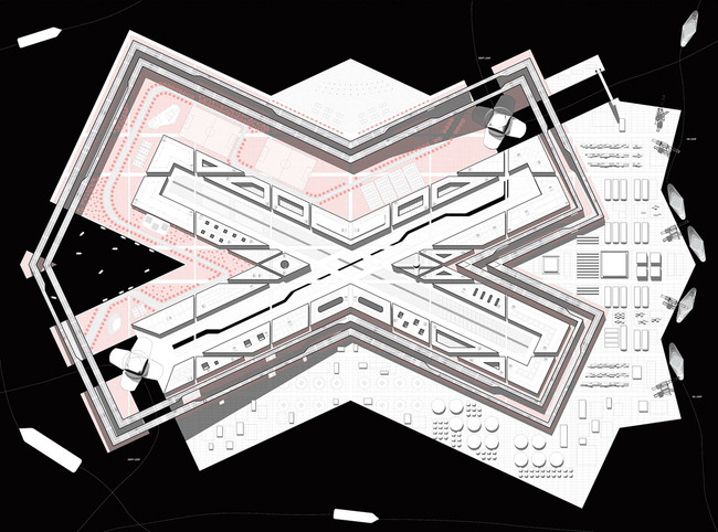 Plan of a stationary Hub Island, where oil, gas, food, and people are transfered to different points within the system as well as back to shore (design by Alex Yuen)