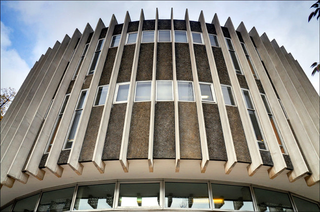 exterior vertical concrete fins on Swiss Cottage Library designed by Sir Basil Spence, Bonnington and Collins-photo by George Rex