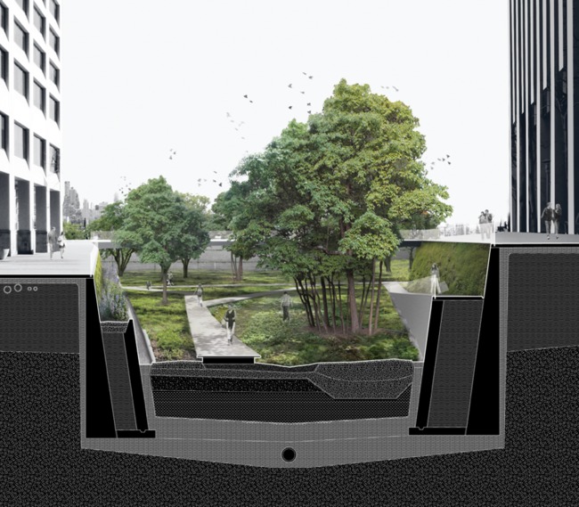 An architectural rendering of Sponge Slip, a proposed sunken park that would absorb flood waters in the event of a hurricane like Sandy that hit Lower Manhattan. Design firms Dlandstudio and ARO collaborated on this proposal for a Museum of Modern Art show called Rising Currents.