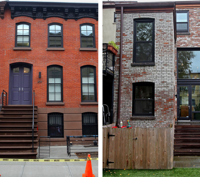 Andrea Mohin/The New York Times - Out front, left, Timm and Kelly Chiusano's town house on Huntington Street in Carroll Gardens, Brooklyn, retains its original exterior. But when the rear wall was rebuilt during extensive renovations, glass replaced brick, right.