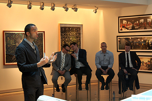 Final review / exhibition; Gary Bates, of Oslo-based Spacegroup, speaking. Sitting, from left-right: Dean Michael Speaks, Julien De Smedt, Joshua Prince-Ramus of REX, and Jason Scroggin