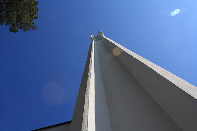 Belfry from below at the Vuoksenniska Church (Church of 3 Crosses), Vuoksenniska, Finland 1958