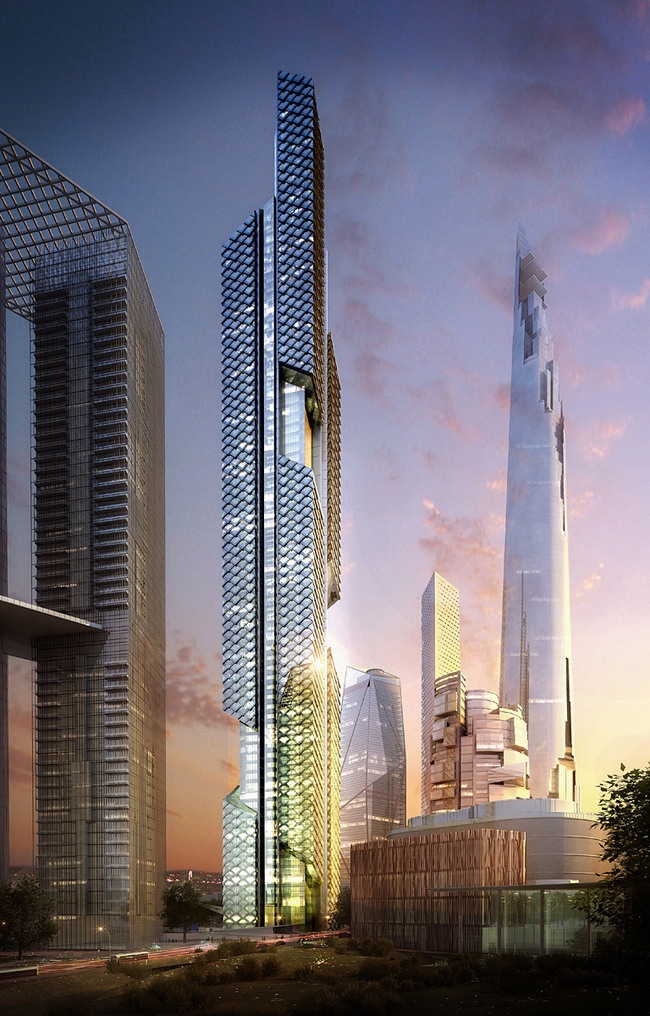 Tower 2 at dusk (Image: Adrian Smith + Gordon Gill Architecture)