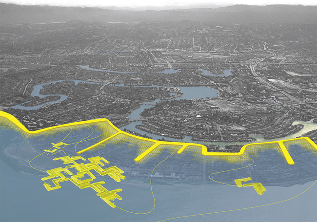 Aerial perspective of a managed retreat project in Foster City, CA. Low lying developments on fill are abandoned for the protection of other development areas and infrastructure. Levies aligned with the street grid extend into the water and provide protection of wetlands from wave action. A flotilla of utility pontoons and waterfront replacement programs is stationed near shore.