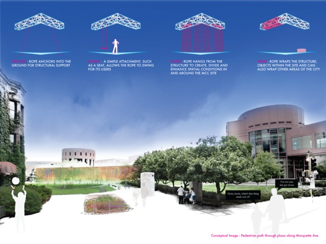This third image places the installation within the larger context of the MCC plaza and downtown Minneapolis, presenting it as a platform for creative dialogue throughout the summer of 2013.