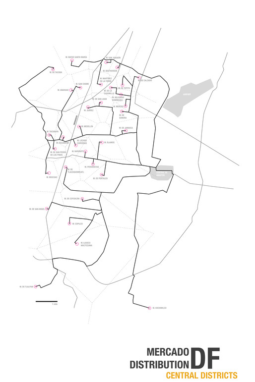 Diagram of Mercado Distribution (only in the Central Districts) and street system, relative to the Central de Abastos. image by Chris DeHenzel