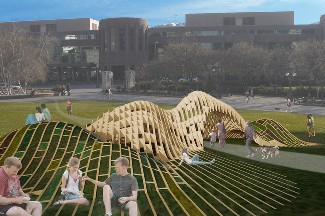 Visitors inhabit the exterior of the pavilion as it emerges from the land, while the interior serves as a gateway portal between the Minneapolis Convention Center and the city.