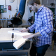 4. Alexander Morley using the wirecutter to cut sections into the 25mm foam