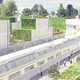 Summer view of train from courtyard building