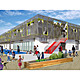 Holcim Silver Award: Zero net energy school building, Los Angeles, CA by Gloria Lee and Nathan Swift, Swift Lee Office, Los Angeles, CA in collaboration with IBE Consulting Engineers, Sherman Oaks, CA, Thornton Tomasetti Inc., San Francisco, CA, and Butler Manufacturing Company, Santa Ana, CA: Exterior rendering with perforated solar skin with apertures of various size to control daylight and view, and wall panels with applied graphics.